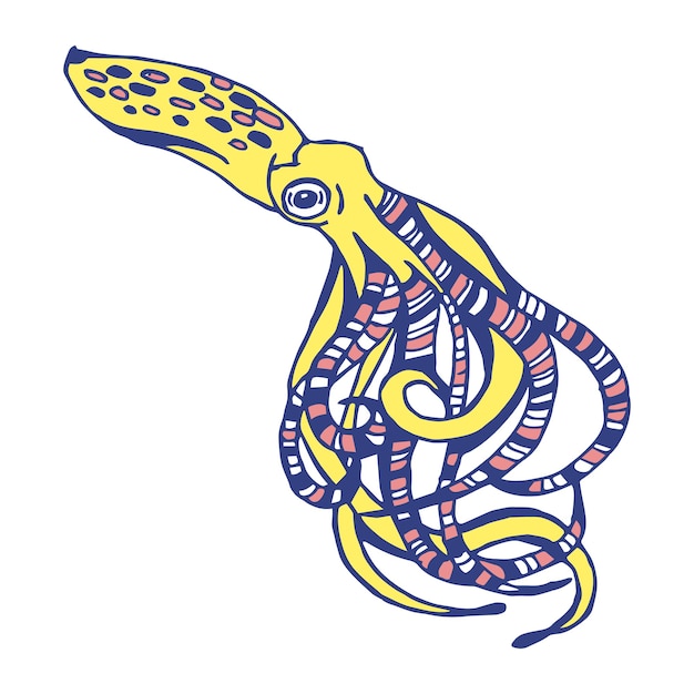 Иллюстрация нарисованного стилизованного милого желто-голубого осьминога