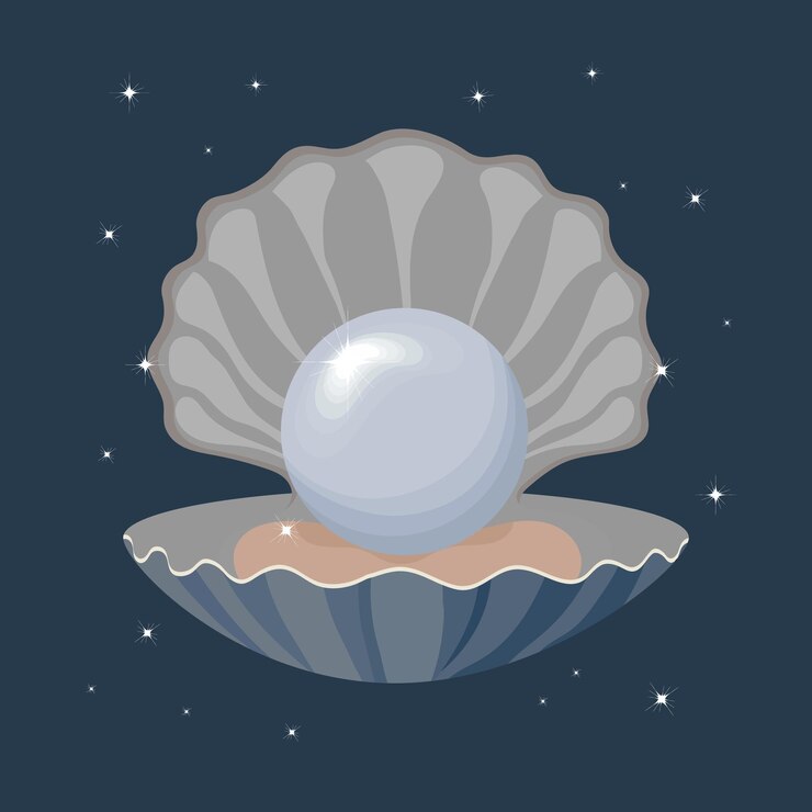 Vector illustration drawn white pearl in a sea shell on a blue night background with stars