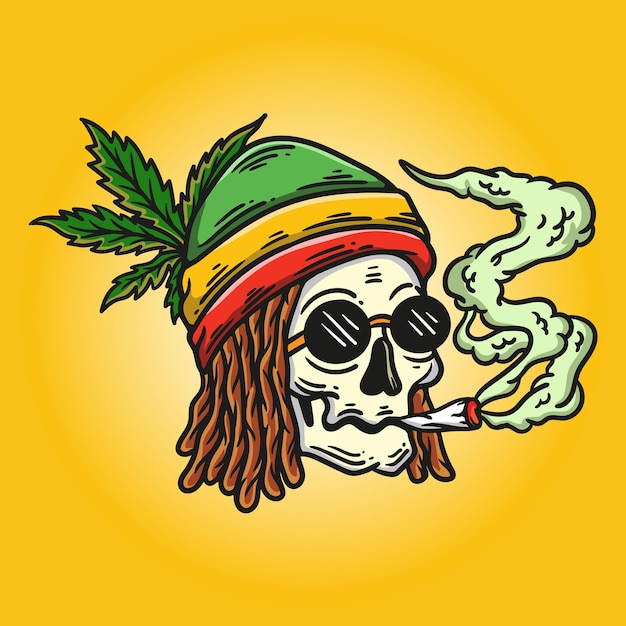 Vettore illustrazione del cranio rasta dei dreadlocks che fuma e indossa un cappello rasta su sfondo giallo