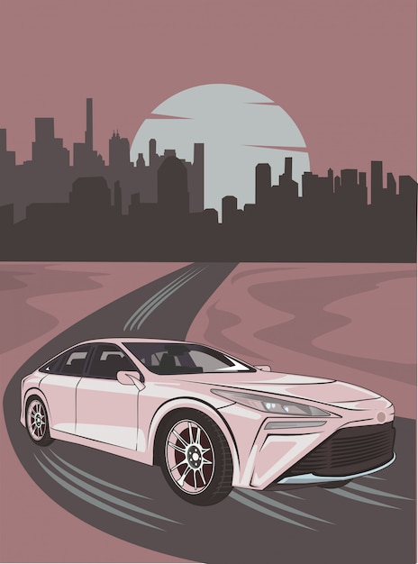 Illustration of drifting car out of the city