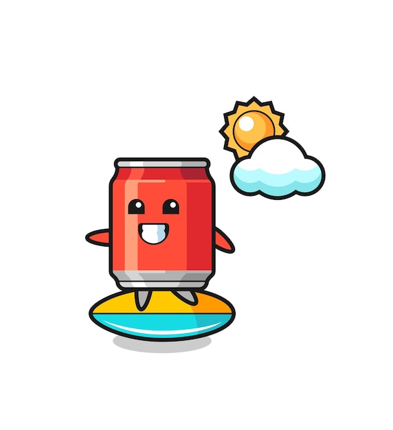 Illustration of drink can cartoon do surfing on the beach