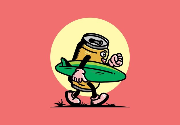 Illustration of a drink can holding a surfboard