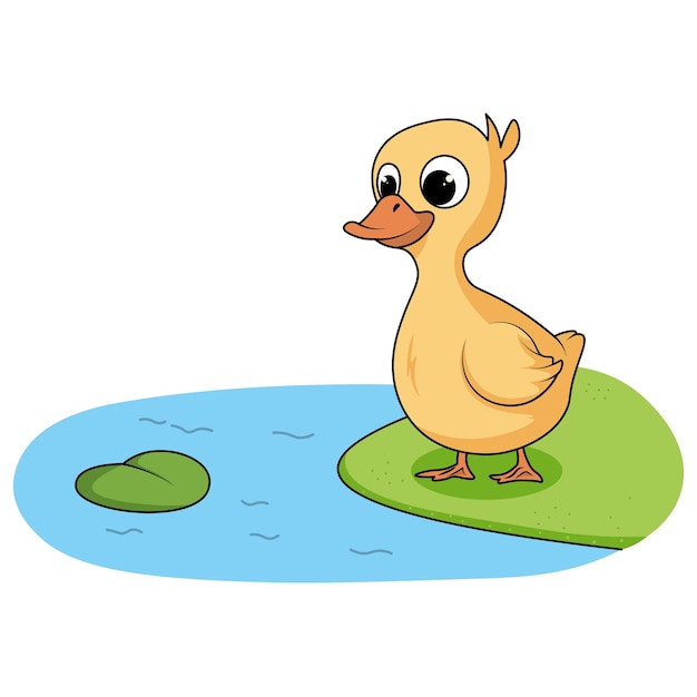 illustration of a duck standing on the verge of a lake about to go in the water