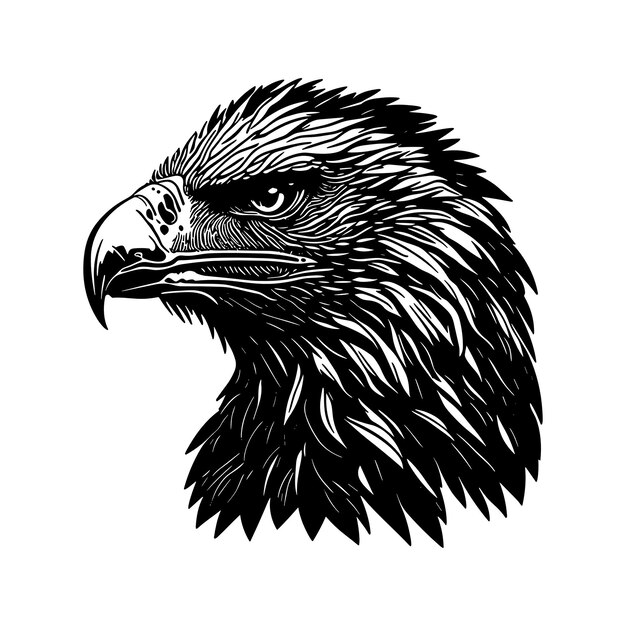 illustration of eagle hawk falcon condor head in style of linocut engraving woodcut black