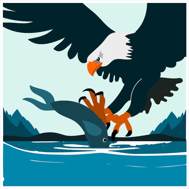 Vector illustration of an eagle hunting for fish