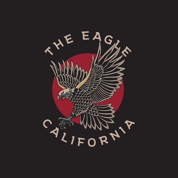 Vector illustration of eagle and red circle with traditional tattoo style