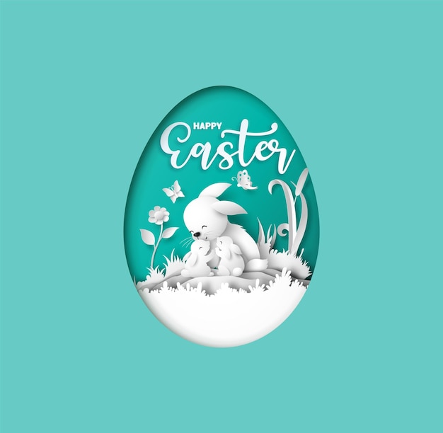 Illustration of Easter day with egg and rabbit paper art and digital craft style