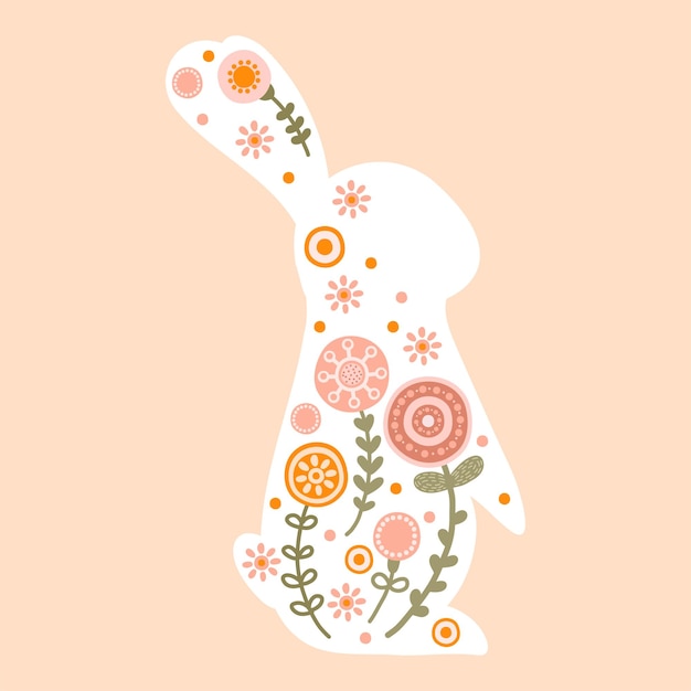 Vettore illustrazione personaggio coniglio pasquale in caldi colori pastello simpatico coniglietto silhouette primaverile con fiore vettore