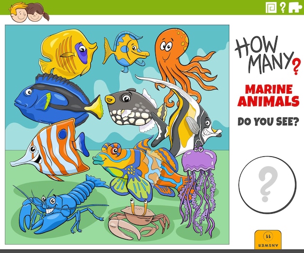 Illustration of educational counting activity for children with cartoon marine animal characters group