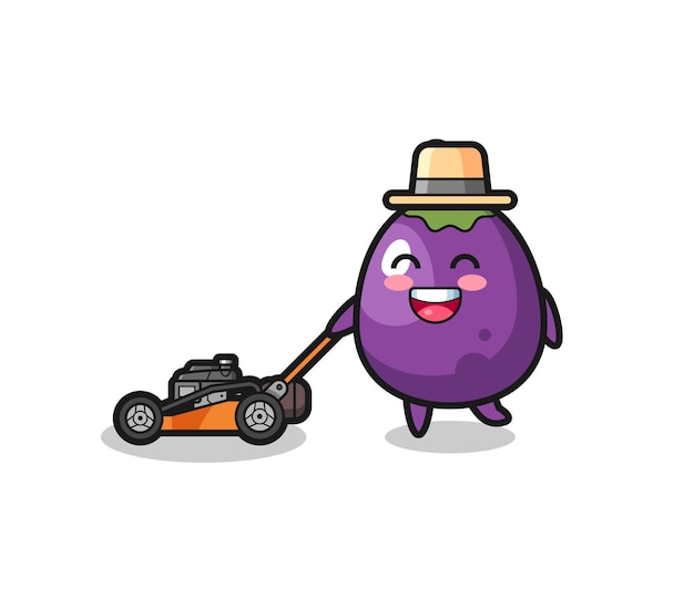 Illustration of the eggplant character using lawn mower