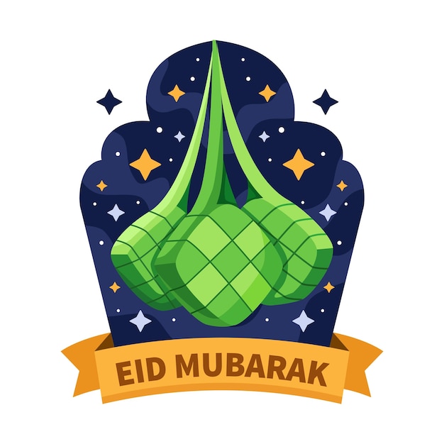 An illustration of an eid mubarak with a ribbon and the words eid mubarak on it.