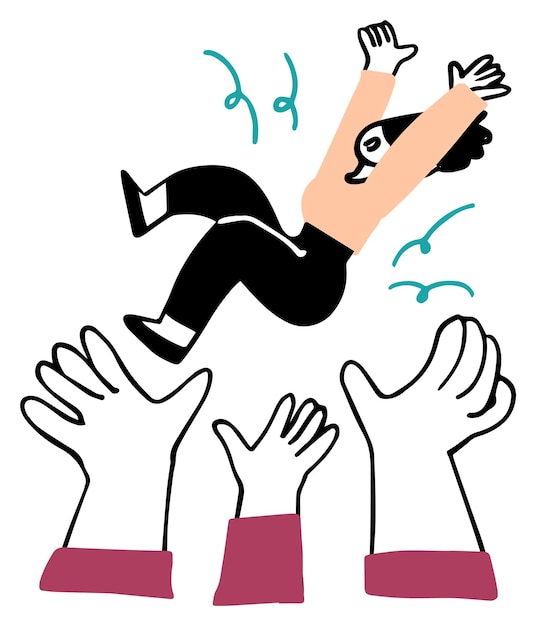 Vector illustration of an elated person jumping into supportive hands below with joy symbols