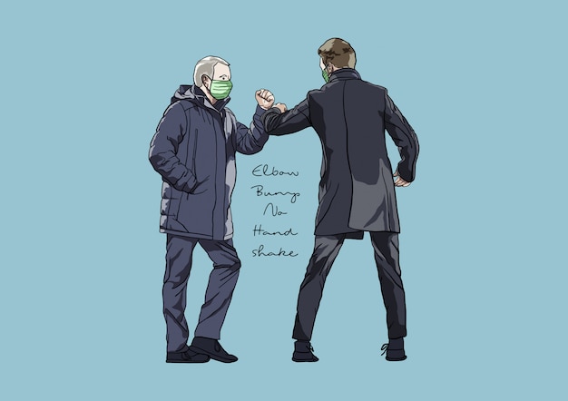 Vector illustration of elbow bump / elbow shake / no handshake during covid-19 pandemic / outbreak