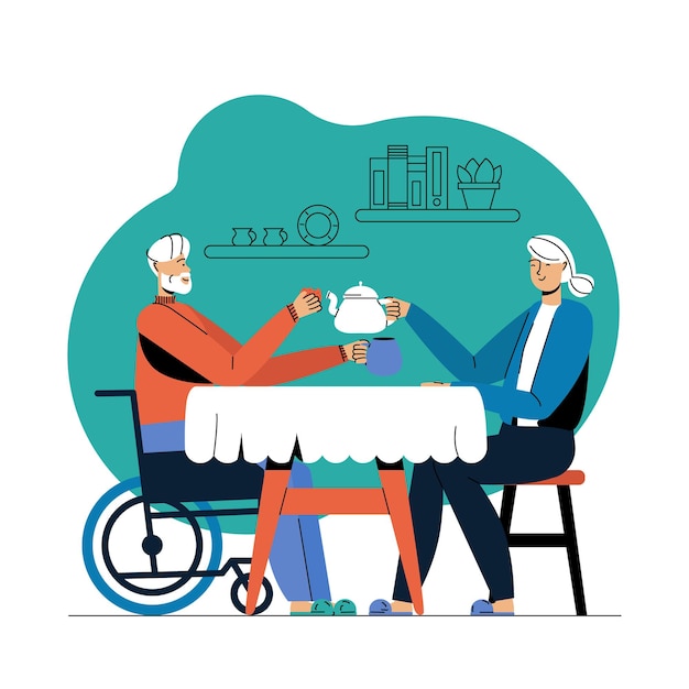 Illustration of elderly couple drinking tea at home