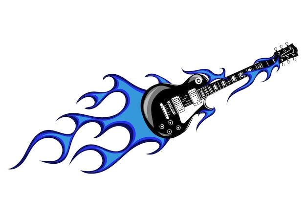 Vector illustration electric guitar on fire with blue flames