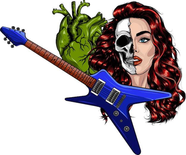 Vector illustration of electric guitar with humna heart and woman face