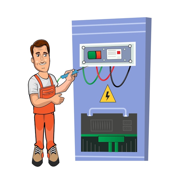 Vettore illustrazione di un elettricista che lavora con un pannello elettrico