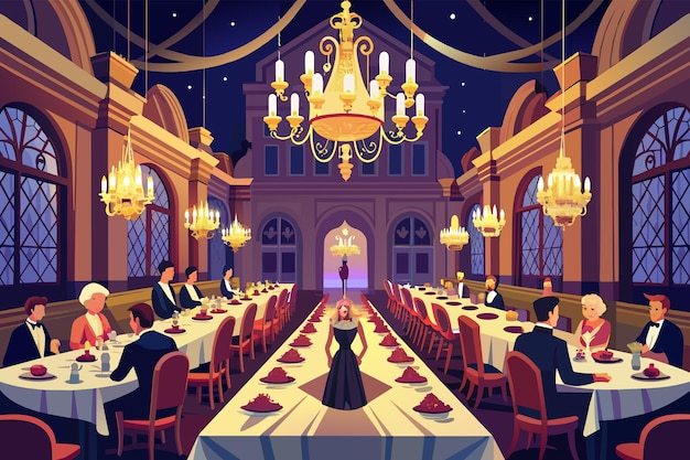 Illustration of an elegant dining hall with guests seated at long tables a woman walking towards a large doorway under a chandelier and a starry night visible through arched windows