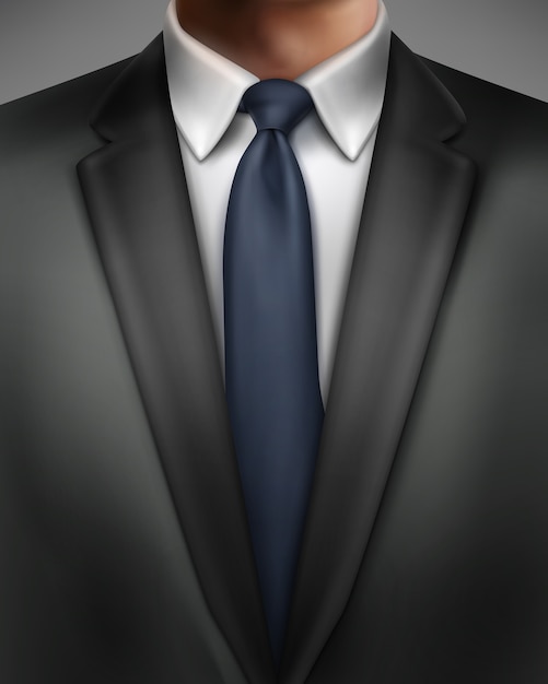 Vector illustration of elegantly dressed man in black suit and blue necktie isolated on background