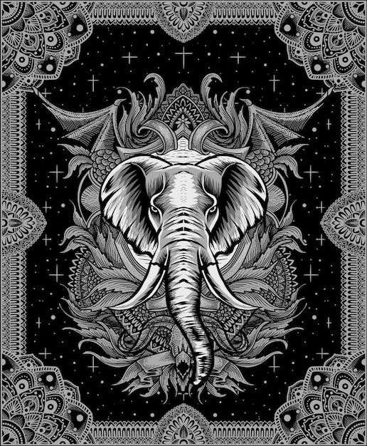 Illustration elephant head with vintage engraving ornament
