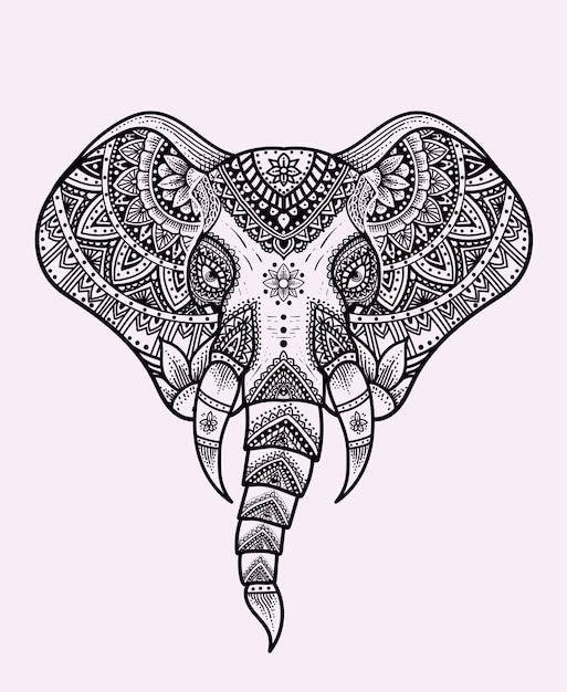 Illustration elephant head with vintage mandala ornament.