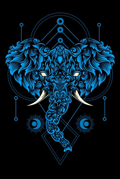 illustration elephant head with vintage ornament style