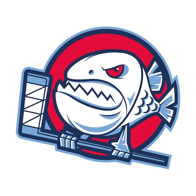 Illustration emblem aggressive piranha holds hockey stick, format eps 10