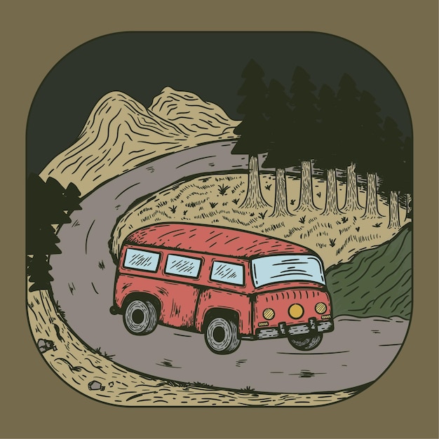 Illustrazione emblema viaggiare bus foresta montagna disegno