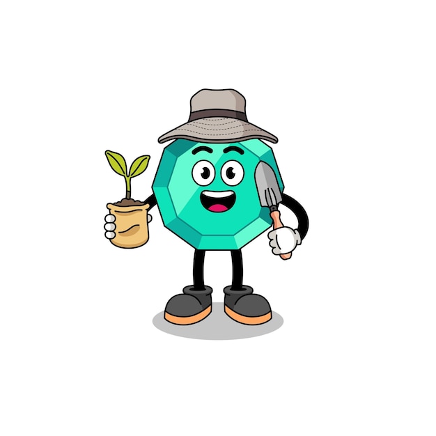 Illustration of emerald gemstone cartoon holding a plant seed