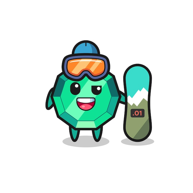 Illustration of emerald gemstone character with snowboarding style