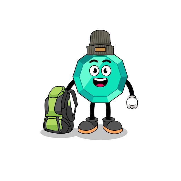 Illustration of emerald gemstone mascot as a hiker