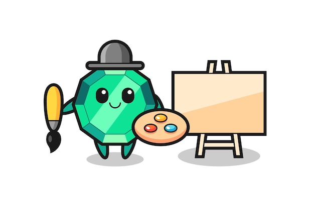 Illustration of emerald gemstone mascot as a painter