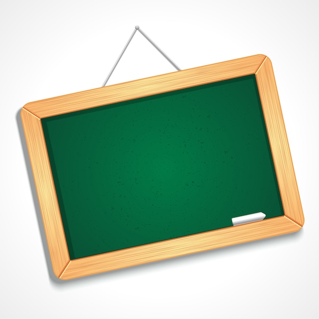 Vector illustration of empty green chalkboard of rectangular shape with simple wooden frame with piece of chalk