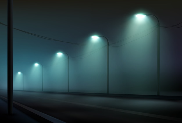 Vettore illustrazione della strada vuota illuminata da lanterne nella nebbia la notte. illuminazione stradale in colore freddo