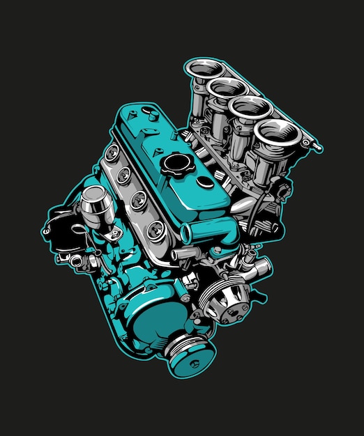 Illustration of an engine block with various parts and turbo and Japanese lettering