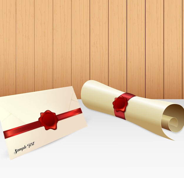 Vector illustration of envelope with paper scroll and red wax seal