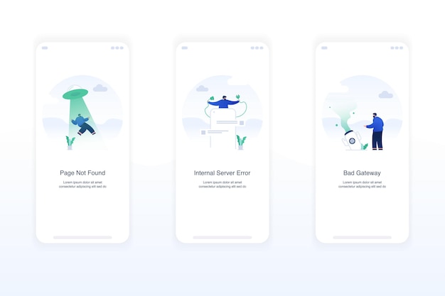 Иллюстрация экранов ошибок, обрабатывающих исключения Страница пустых состояний не найдена ошибка 404 внутренняя ошибка сервера 500 плохой шлюз 502 Концепция современного плоского дизайна ui ux