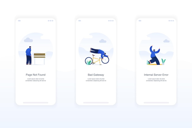 Illustration of error screens handling exceptions empty states page not found error 404 internal server error 500 bad gateway error 502 Modern flat design concept ui ux