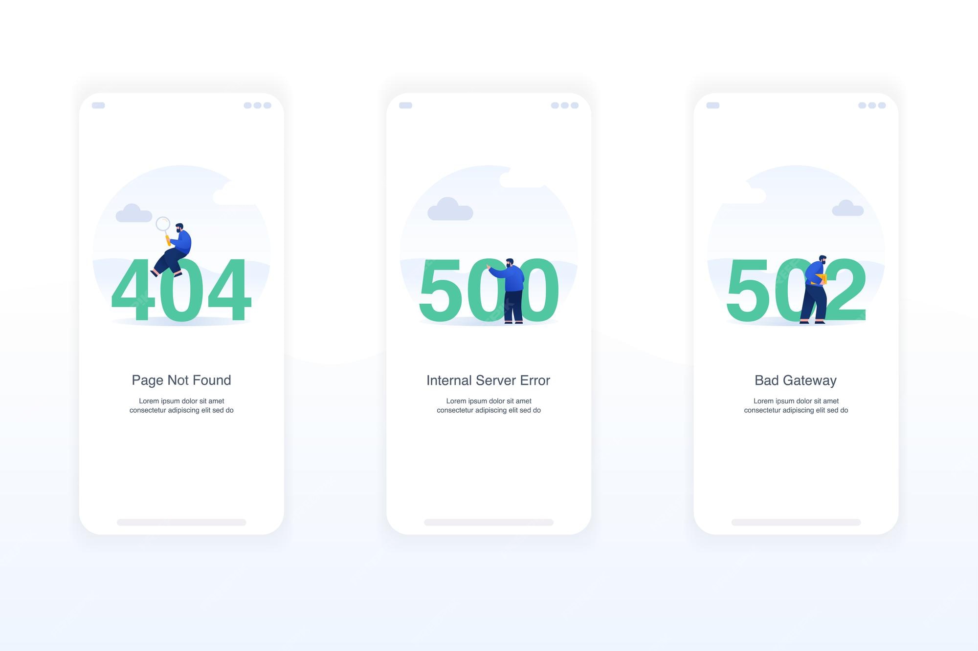 illustration error screens handling exceptions empty states page found error 404 internal server error 500 bad gateway error 502 modern flat design concept ui ux 11197 266