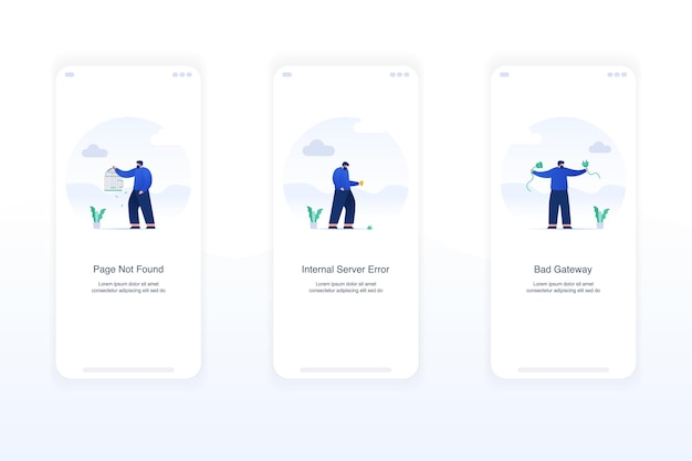 Illustration of error screens handling exceptions empty states page not found error 404 internal server error 500 bad gateway error 502 modern flat design concept ui ux