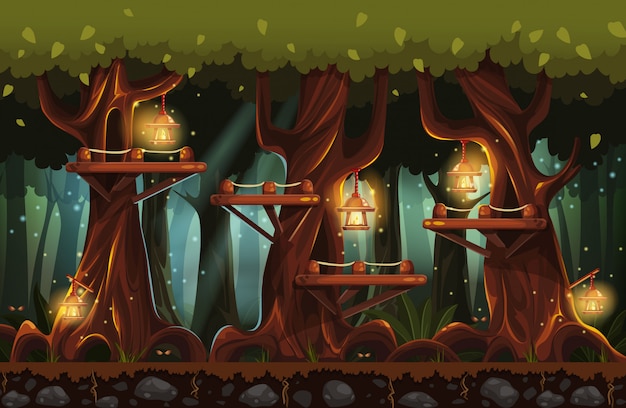Illustrazione della foresta fatata di notte con torce elettriche, lucciole e ponti di legno