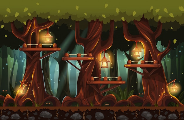 Illustration of the fairy forest at night with flashlights, fireflies and wooden bridges