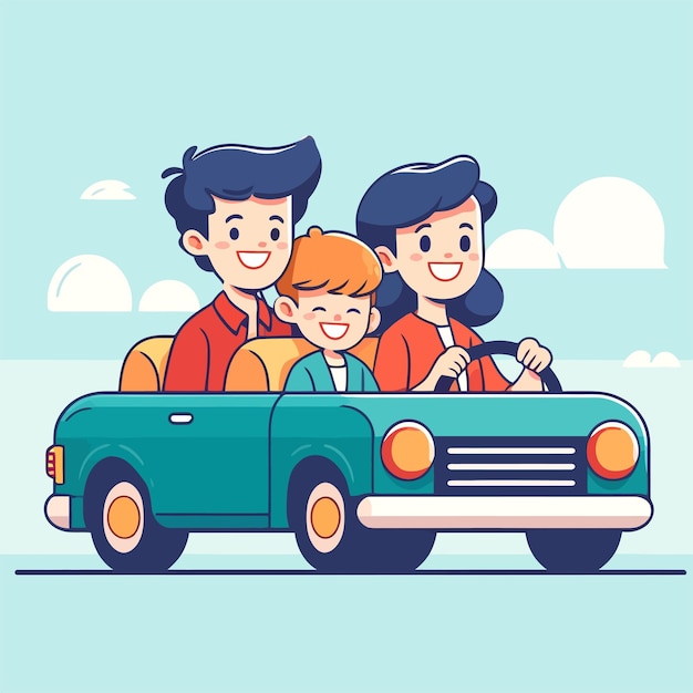Vettore illustrazione di una famiglia composta da un padre, una madre e un bambino in macchina