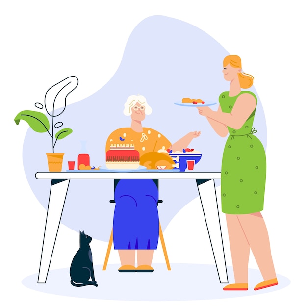 Vector illustration of family dinner. grandmother sits at festive dining table. granddaughter or daughter serves dish. family celebrates holiday, eating food together, relationship concept