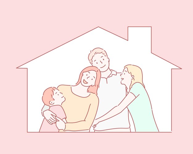 Illustrazione di una famiglia davanti a una casa