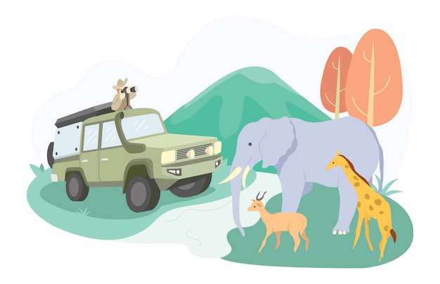 Illustrazione di una famiglia che va in un parco safari per vedere elefanti, cervi e altri.