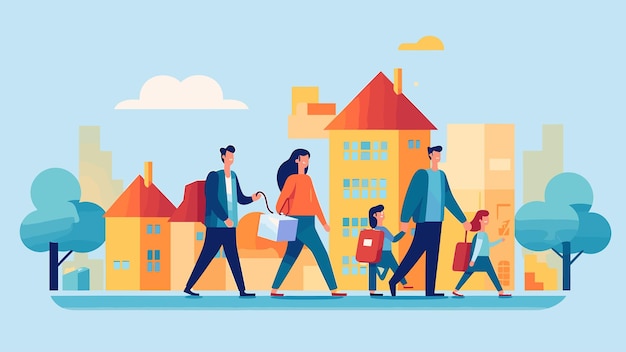 Vector illustration of family walking with shopping bags in the city