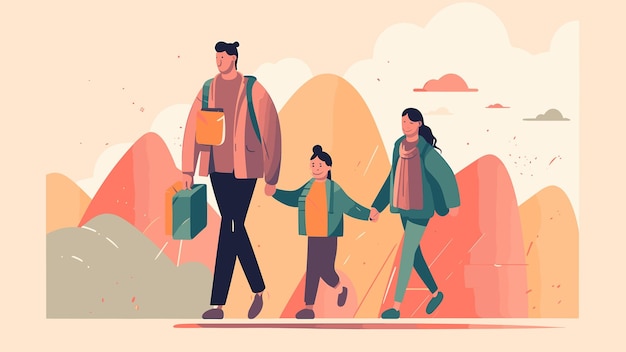 Vector illustration of family walking with shopping bags in the city