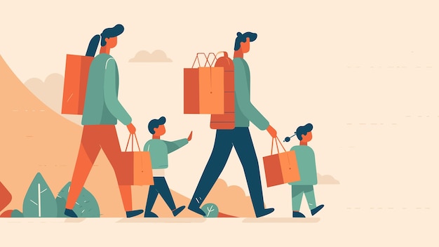 Illustration of family walking with shopping bags in the city