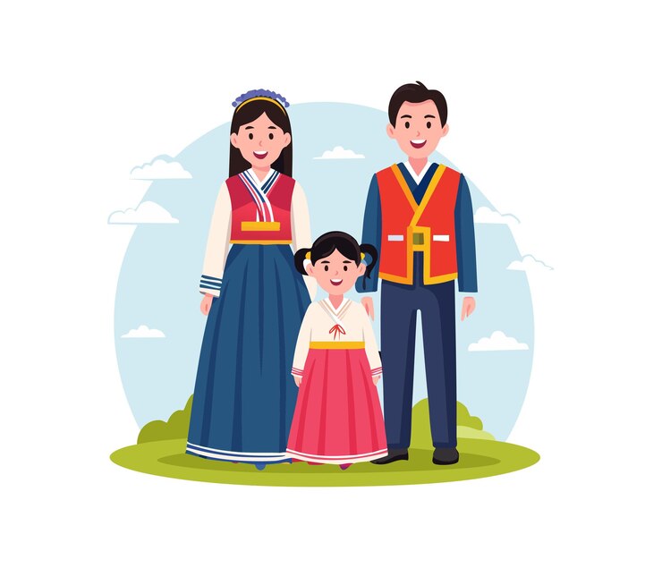 Vector illustration of a family wearing hanbok